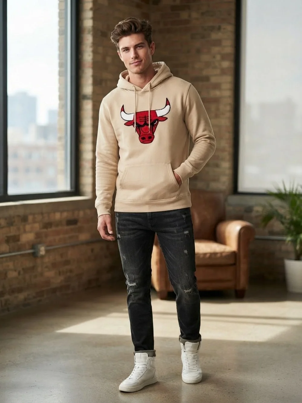 Beige Chicago Bulls Pullover Hoodie for Men